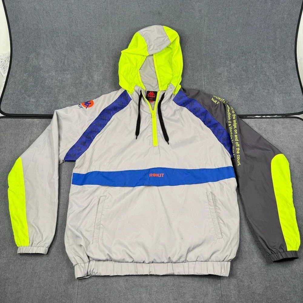 Kappa x Rokit Jacket Mens L Grey Blue Hooded Quarter Zip Windbreaker - Picture 1 of 7